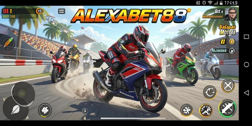 Screenshot gameplay ALEXABET88 menunjukkan aksi balapan motor yang mendebarkan.