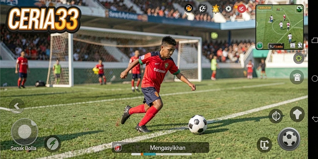 Screenshot gameplay CERIA33 menampilkan aksi menarik pertandingan sepak bola.