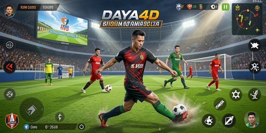 Tangkapan layar utama dari gameplay sepak bola yang mendebarkan.