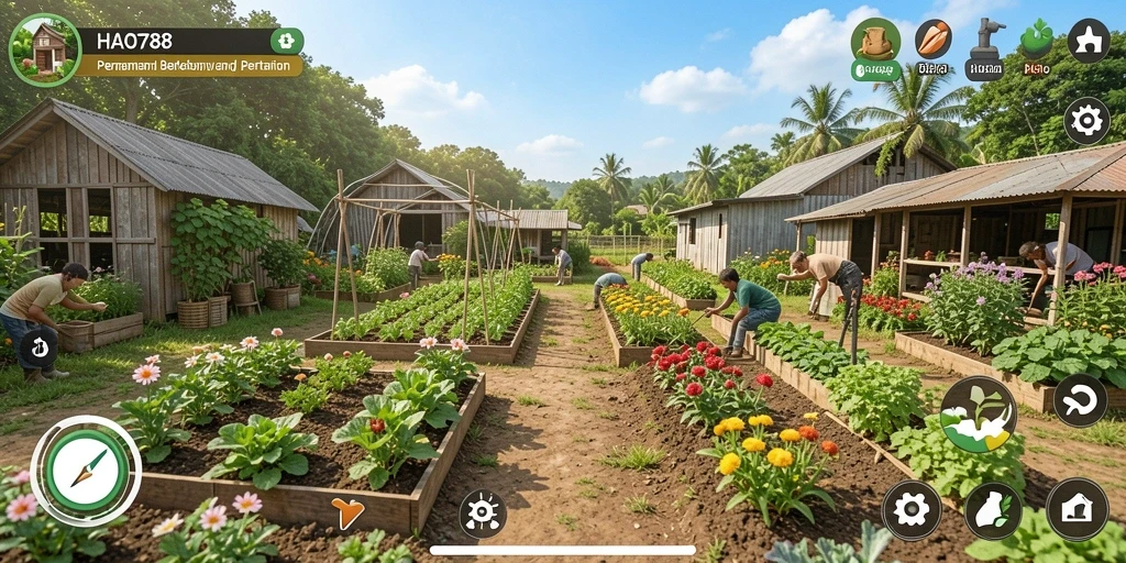 Tampilan gameplay HAO788 dengan petani sedang merawat ladang hijau.
