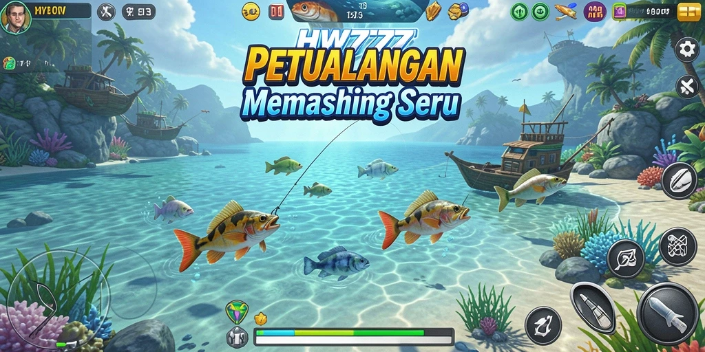 Screenshot utama HW777 menampilkan adegan gameplay memancing yang seru dan menegangkan.