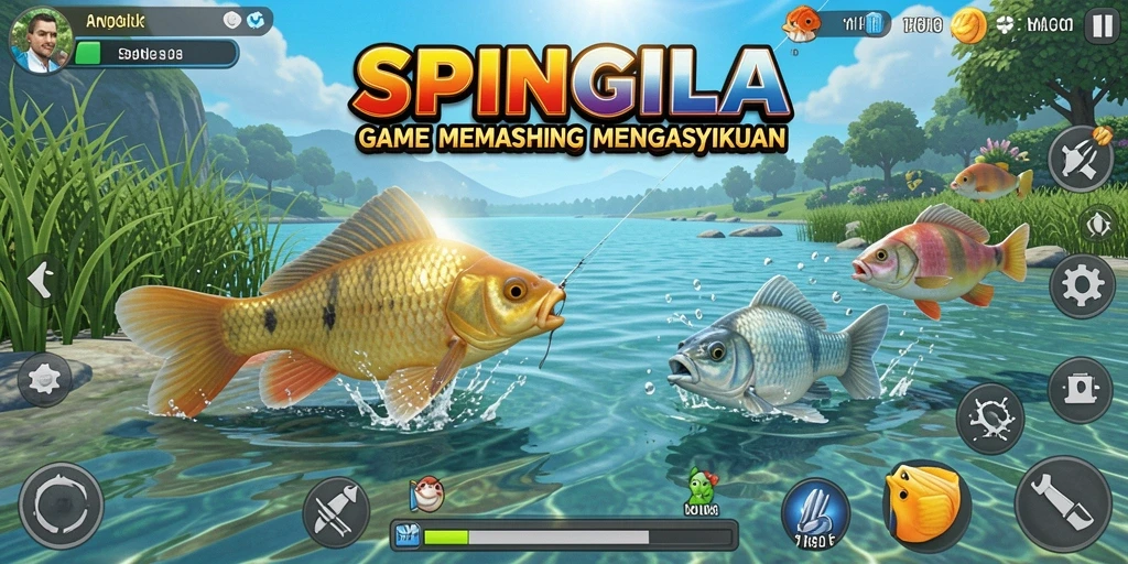 Tampilan gameplay SPINGILA yang menampilkan suasana memancing yang memukau.