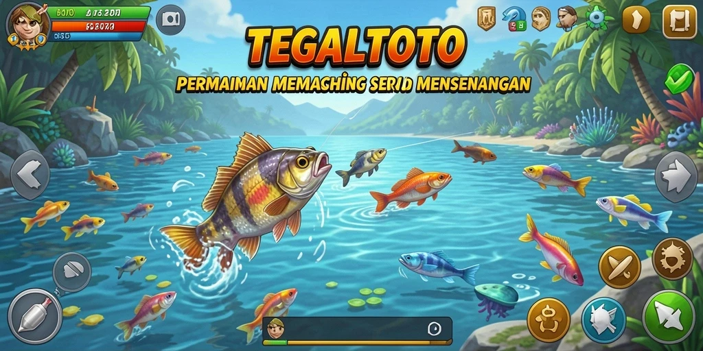 Gameplay seru TEGALTOTO dalam menangkap ikan di lokasi memancing yang indah.