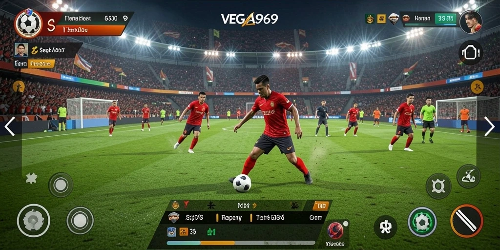 Tampilan gameplay yang menegangkan dalam VEGAS969 dengan aksi sepak bola terhebat.