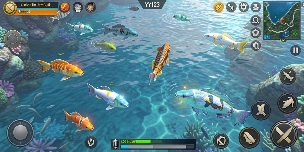 Tampilan gameplay seru dalam YY123 saat menangkap ikan.